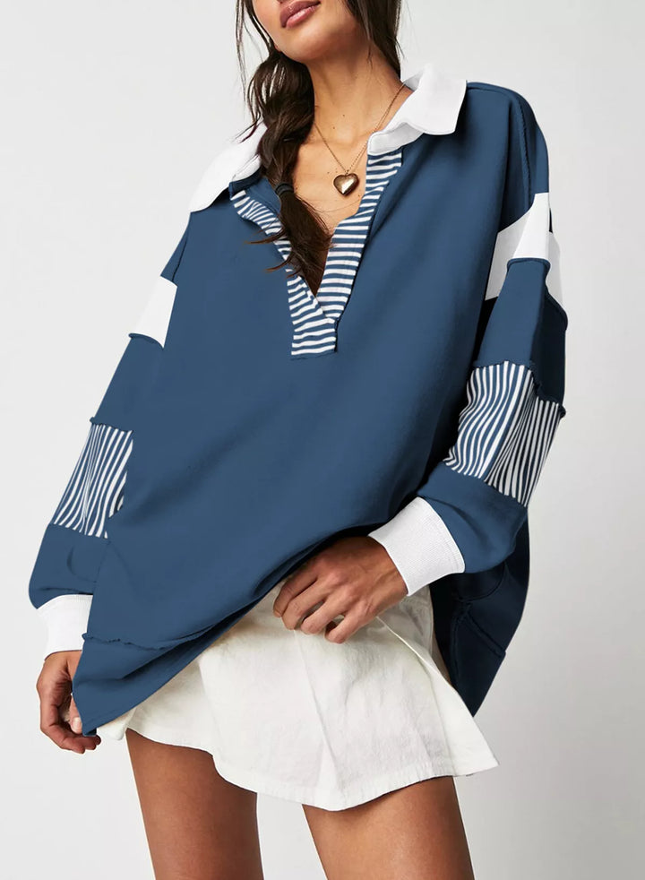 Color block striped Johnny collar sweatshirt with exposed seams