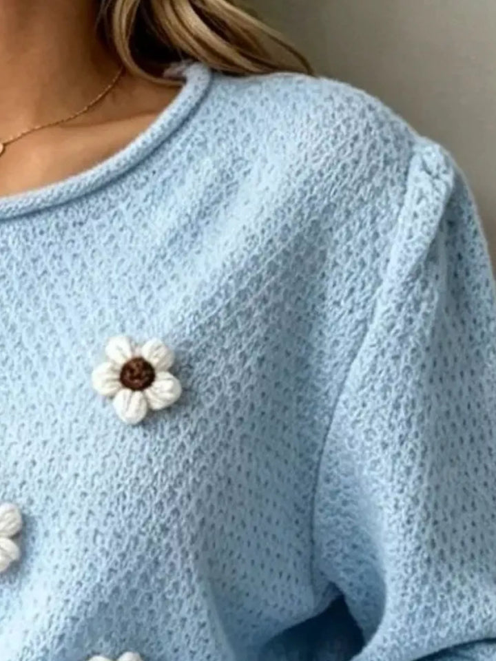 Floral applique textured knit sweater with drop shoulders