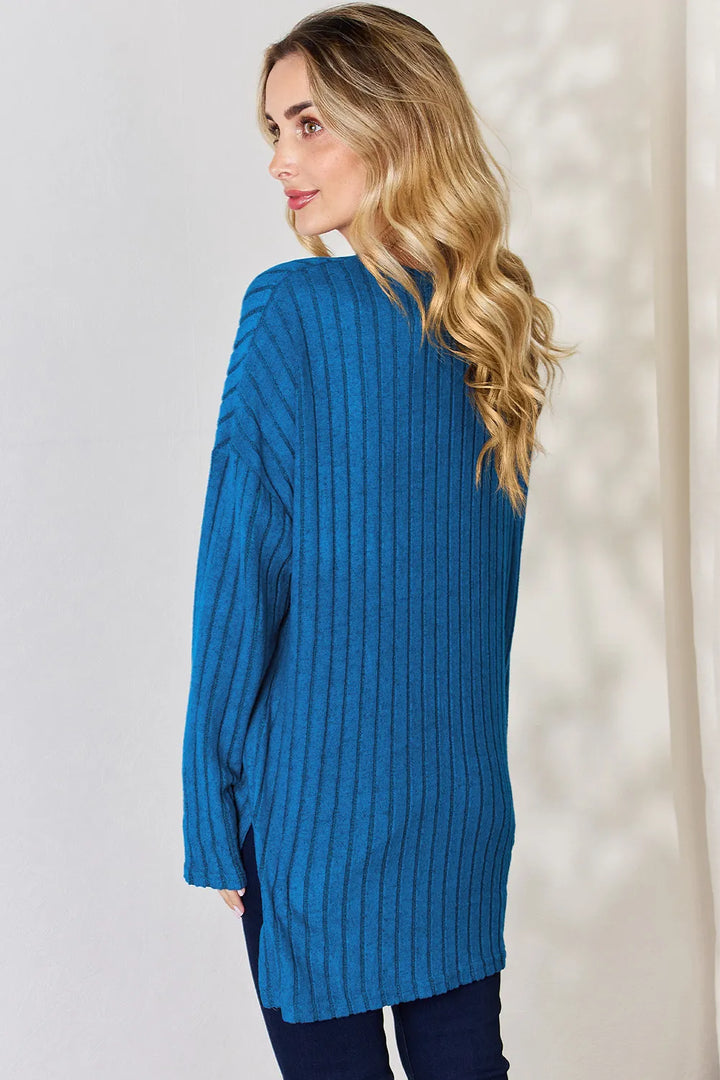 Ribbed knit half-button long sleeve high-low top