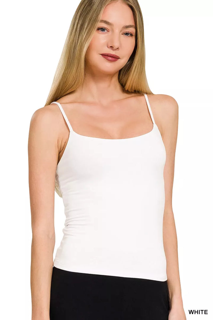 WHITE Double-layered scoop neck spaghetti strap cami top