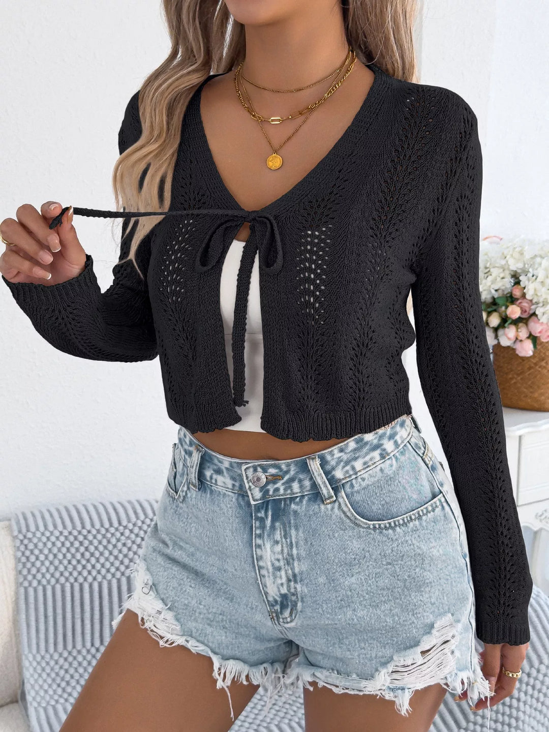 Black Openwork knit tie-front cropped cardigan
