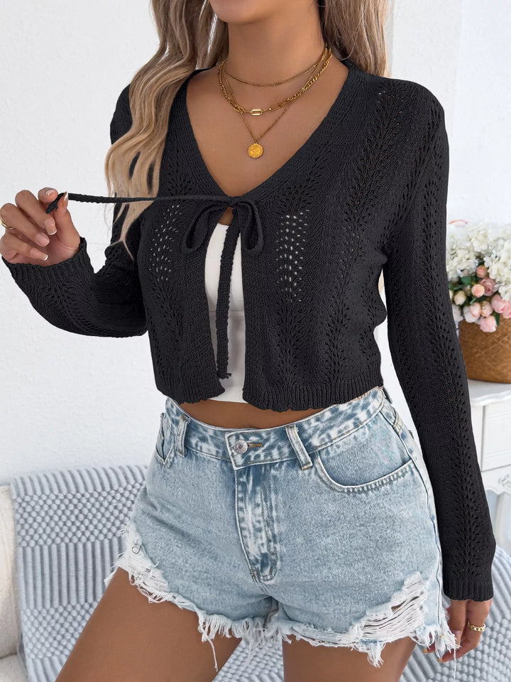 Black Openwork knit tie-front cropped cardigan