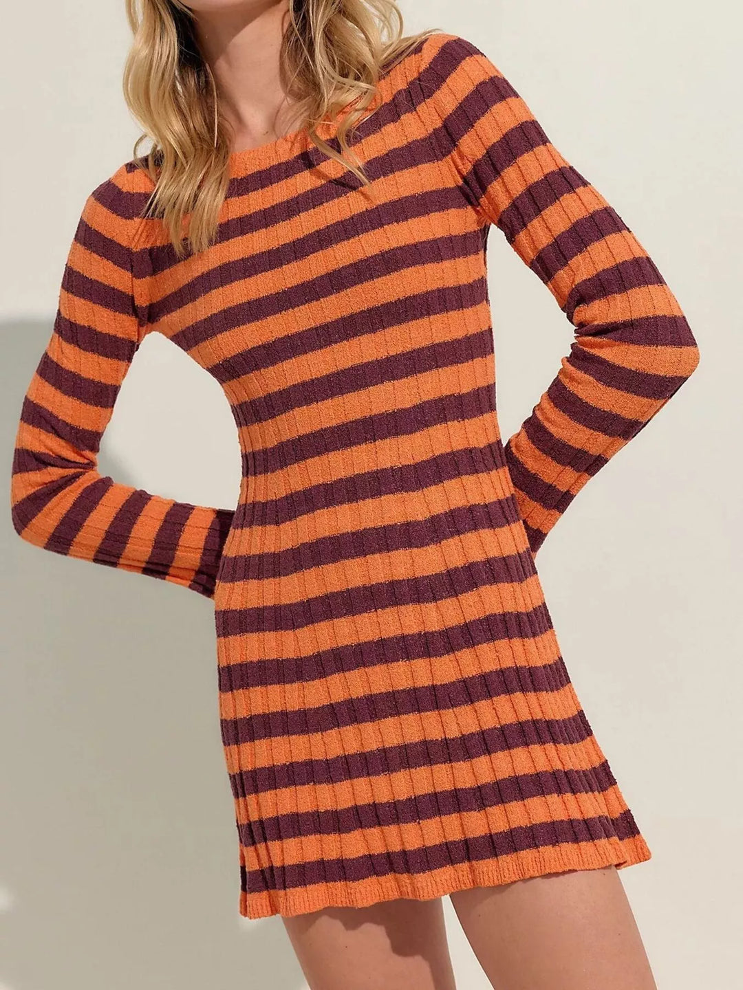 Orange Striped ribbed knit long sleeve mini sweater dress