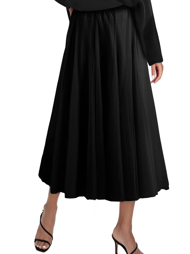 Black High-waist pleated flowy midi skirt