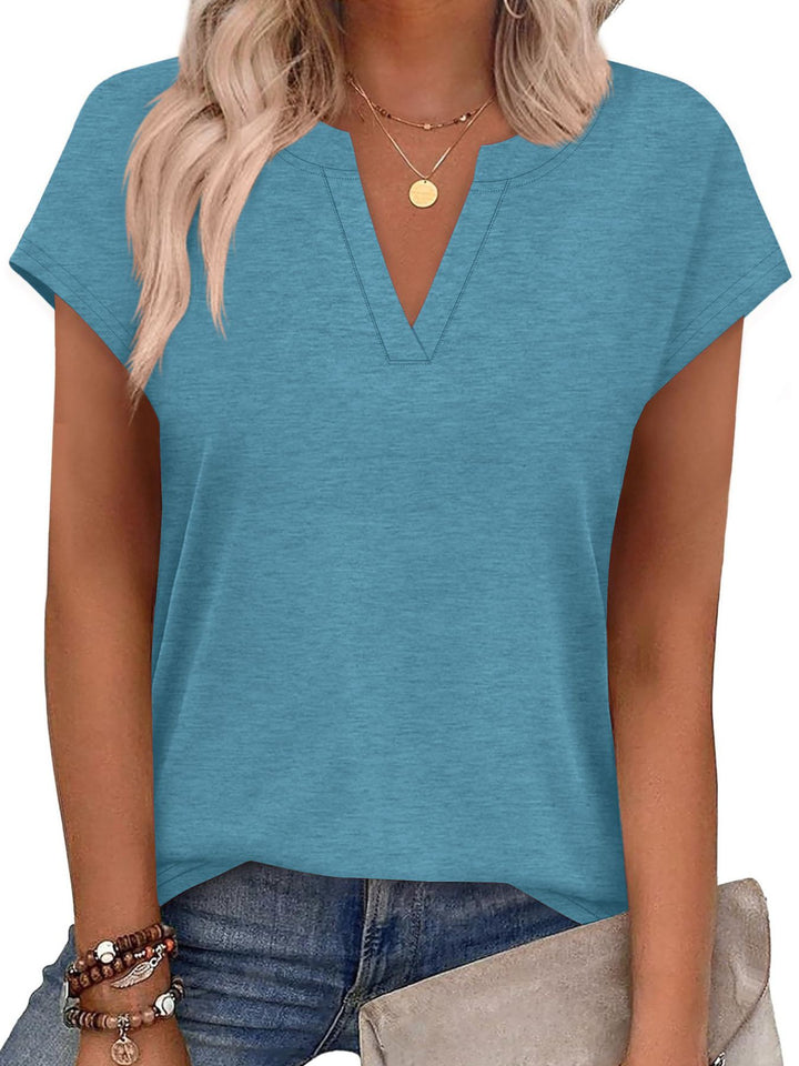 Notched V-neck short sleeve relaxed knit top