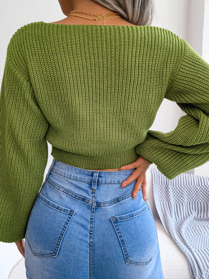 Tie-front ribbed knit cropped sweater with deep V-neck