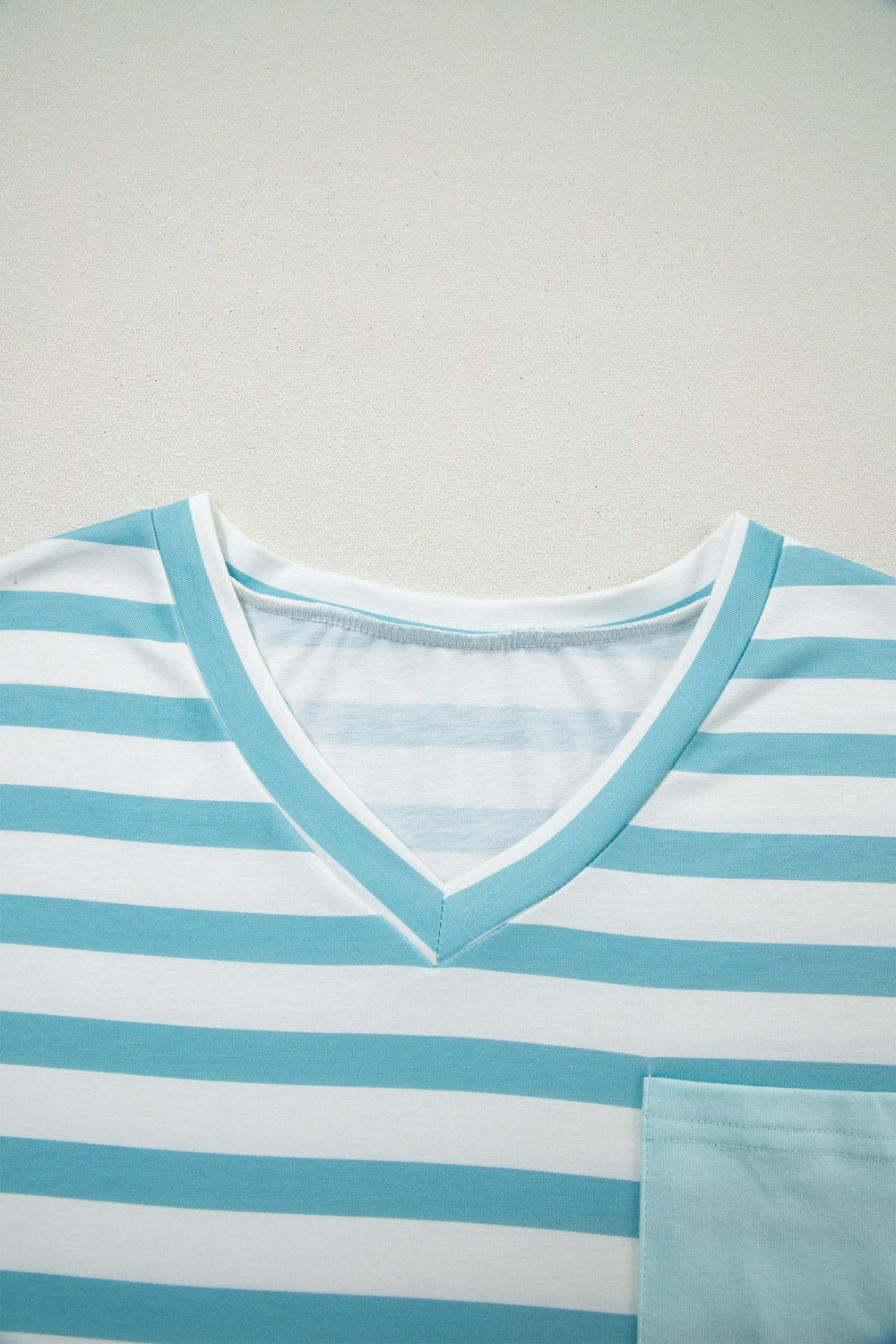 Striped V-neck tee with chest patch pocket