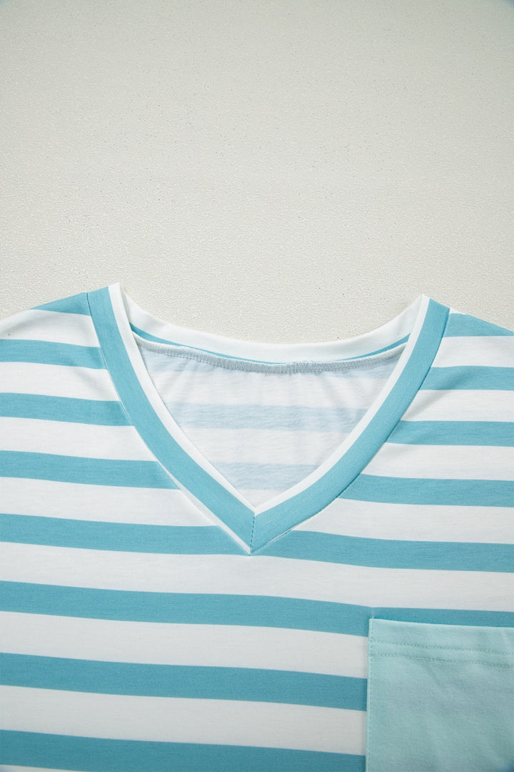 Striped V-neck tee with chest patch pocket