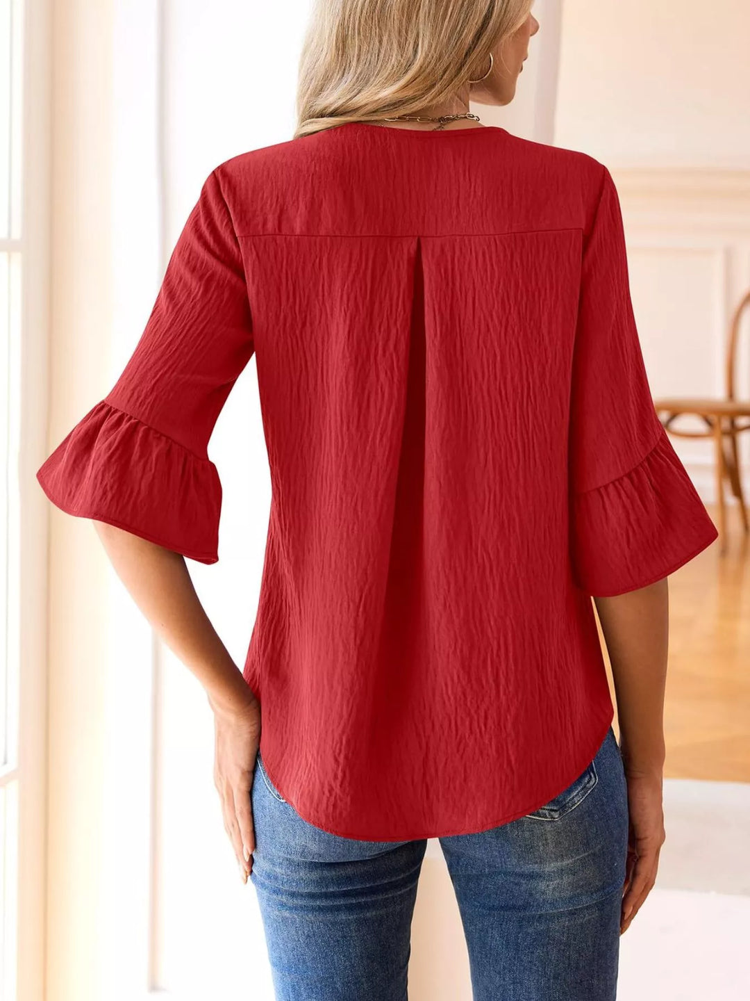 Ruffle trim V-neck blouse with flared bell sleeves