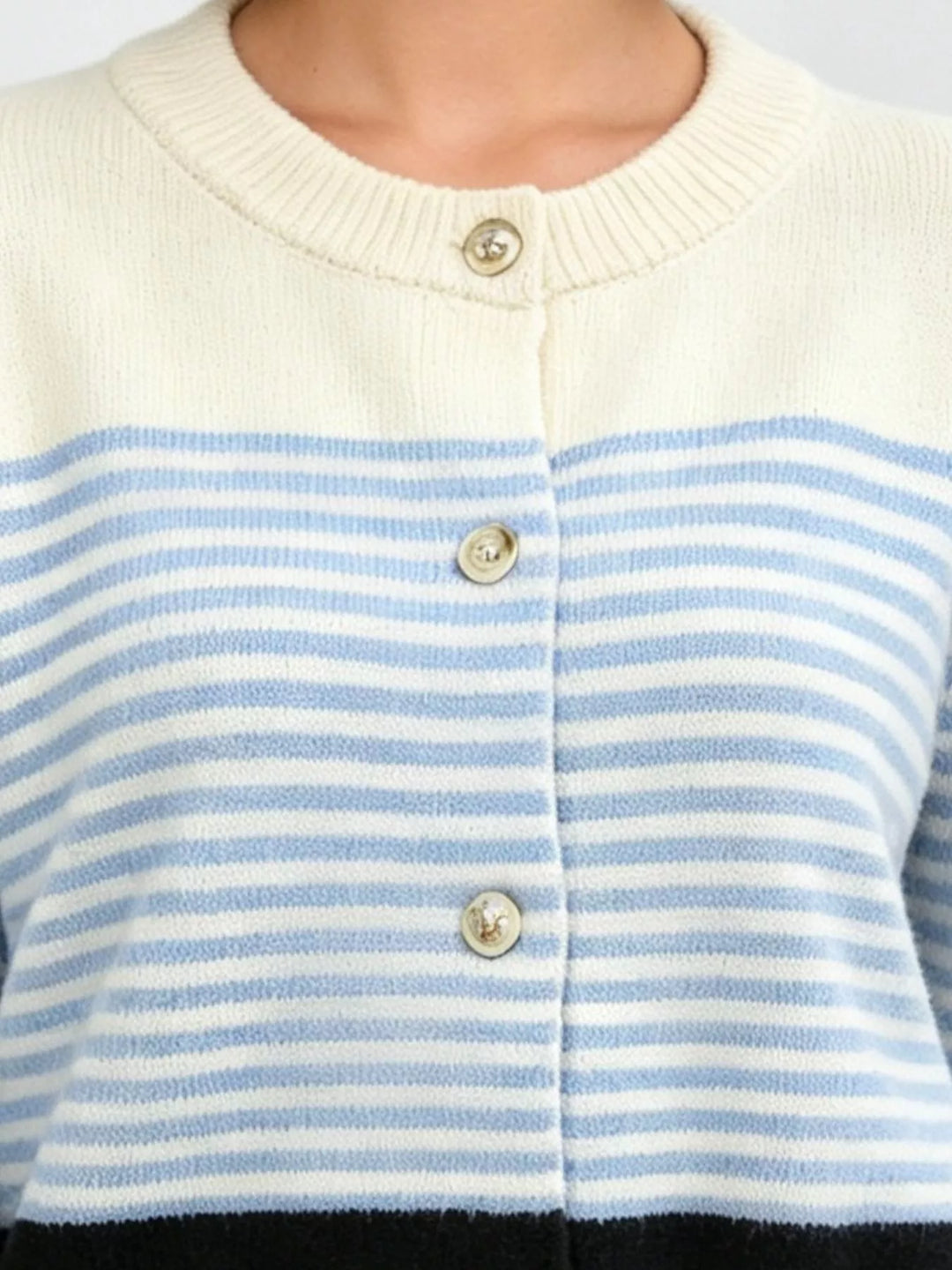 Striped color block button-up cardigan with ruffle cuffs