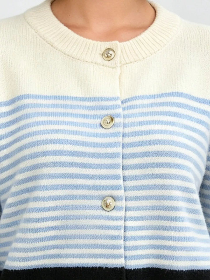 Striped color block button-up cardigan with ruffle cuffs