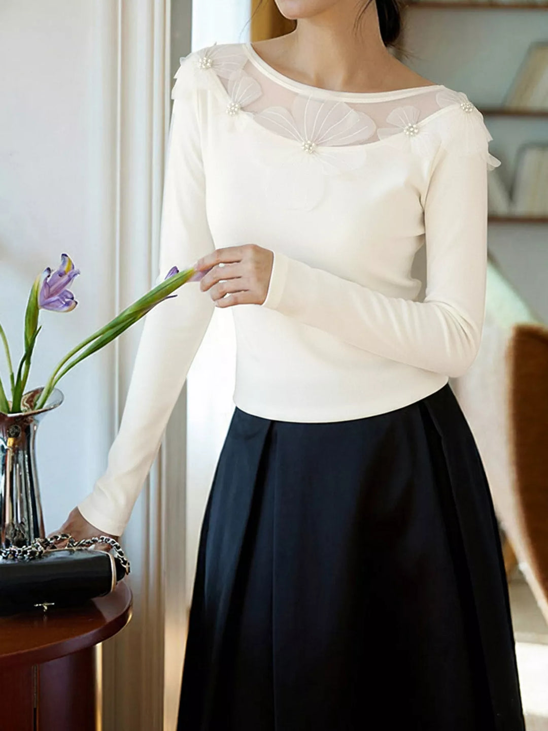 Floral appliqué mesh yoke long sleeve top