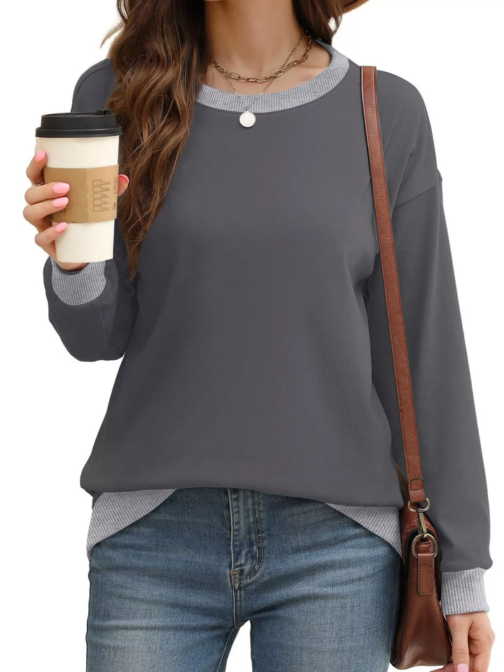Drop-shoulder crew neck sweatshirt with contrast ribbed trim