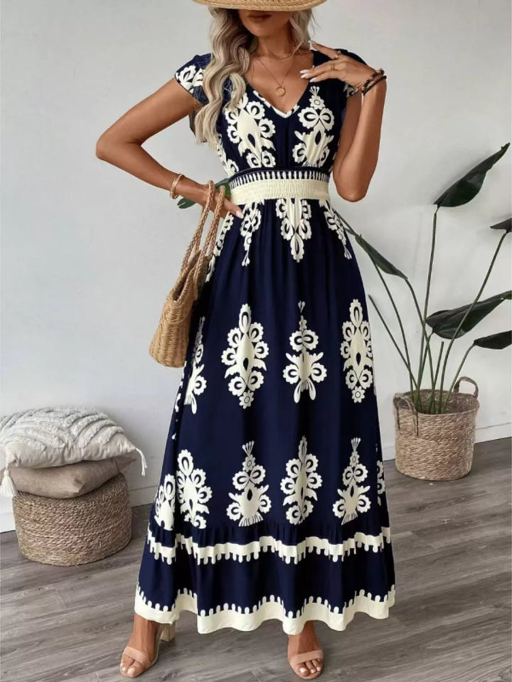 Ornate print v-neck maxi dress with flutter sleeves
