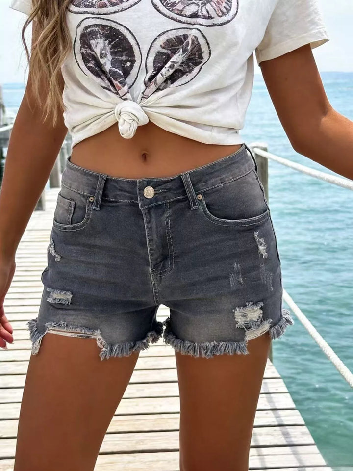 Gray Distressed high-rise denim shorts with frayed raw hem