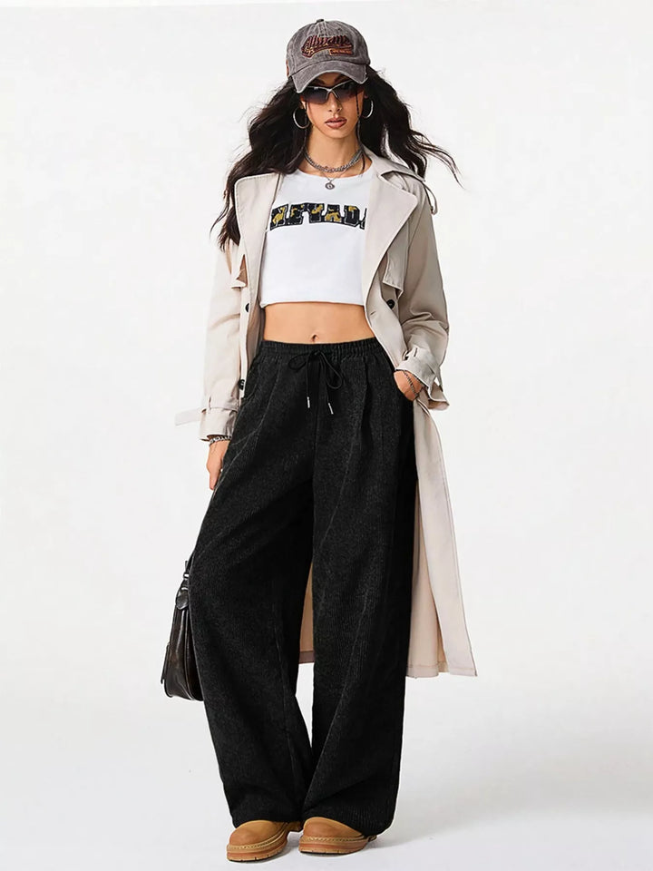 Wide-leg corduroy drawstring pants with pockets