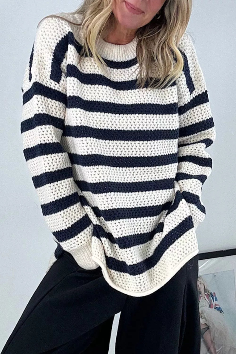 Striped waffle knit dropped shoulder sweater