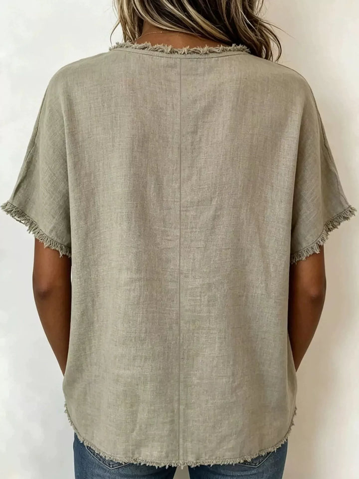 Frayed trim crew neck relaxed short sleeve top