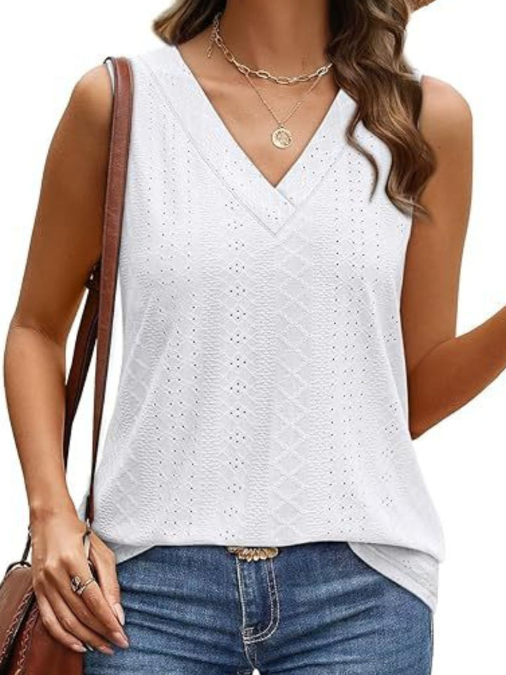 Eyelet V-neck sleeveless tank with diamond texture