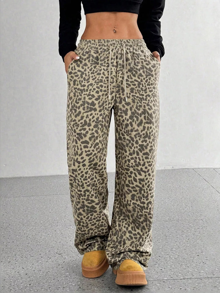 Khaki High-rise elastic waist wide leg pants with label patch