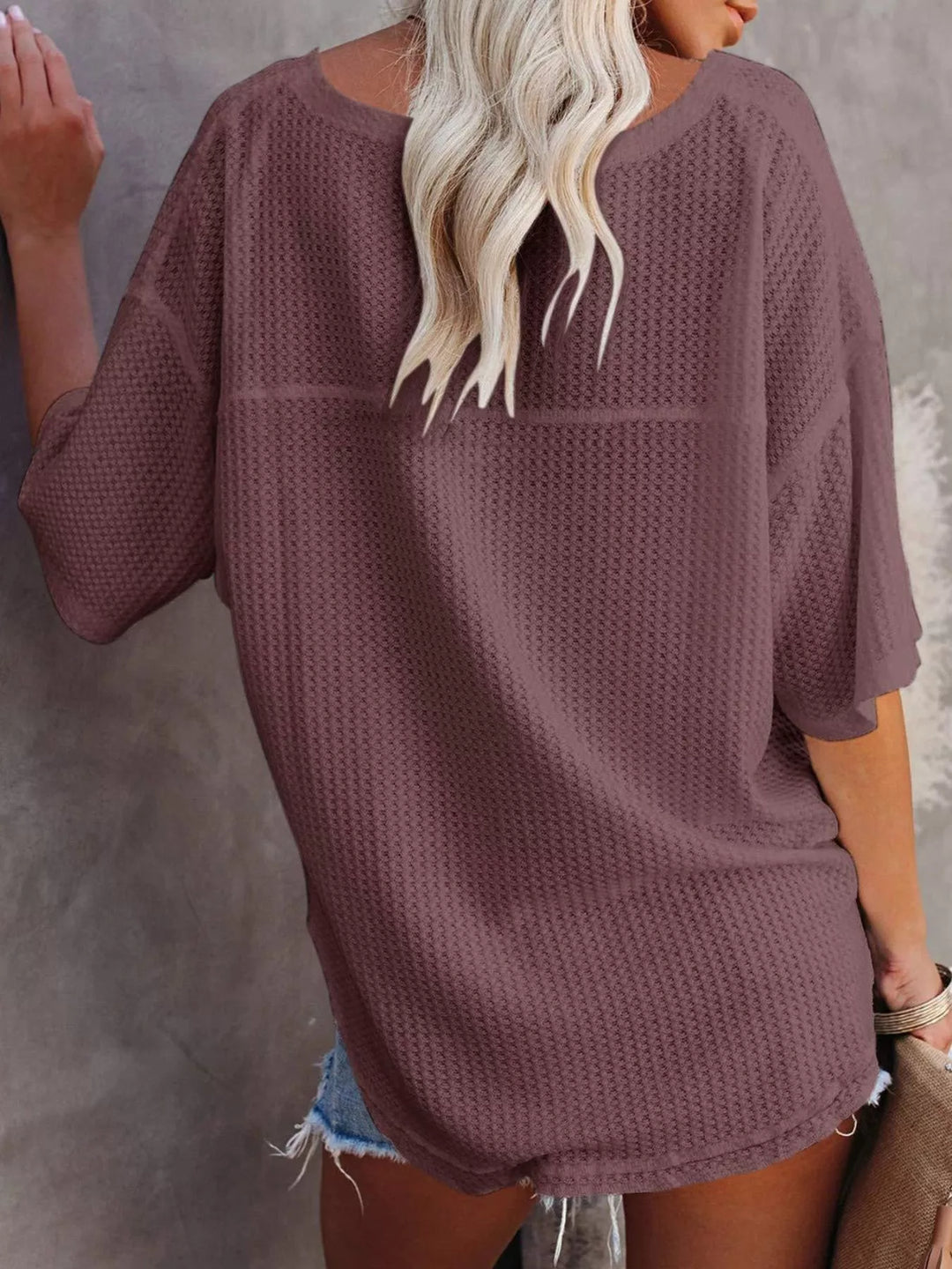 Waffle knit v-neck drop shoulder short sleeve tee