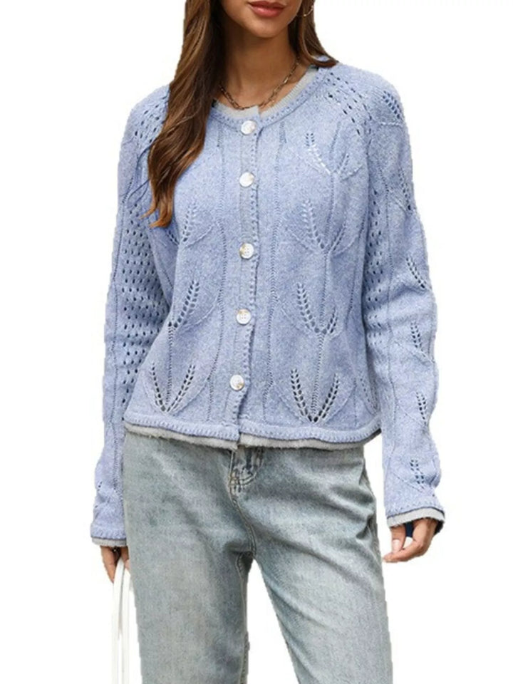 Pointelle openwork knit button-down cardigan