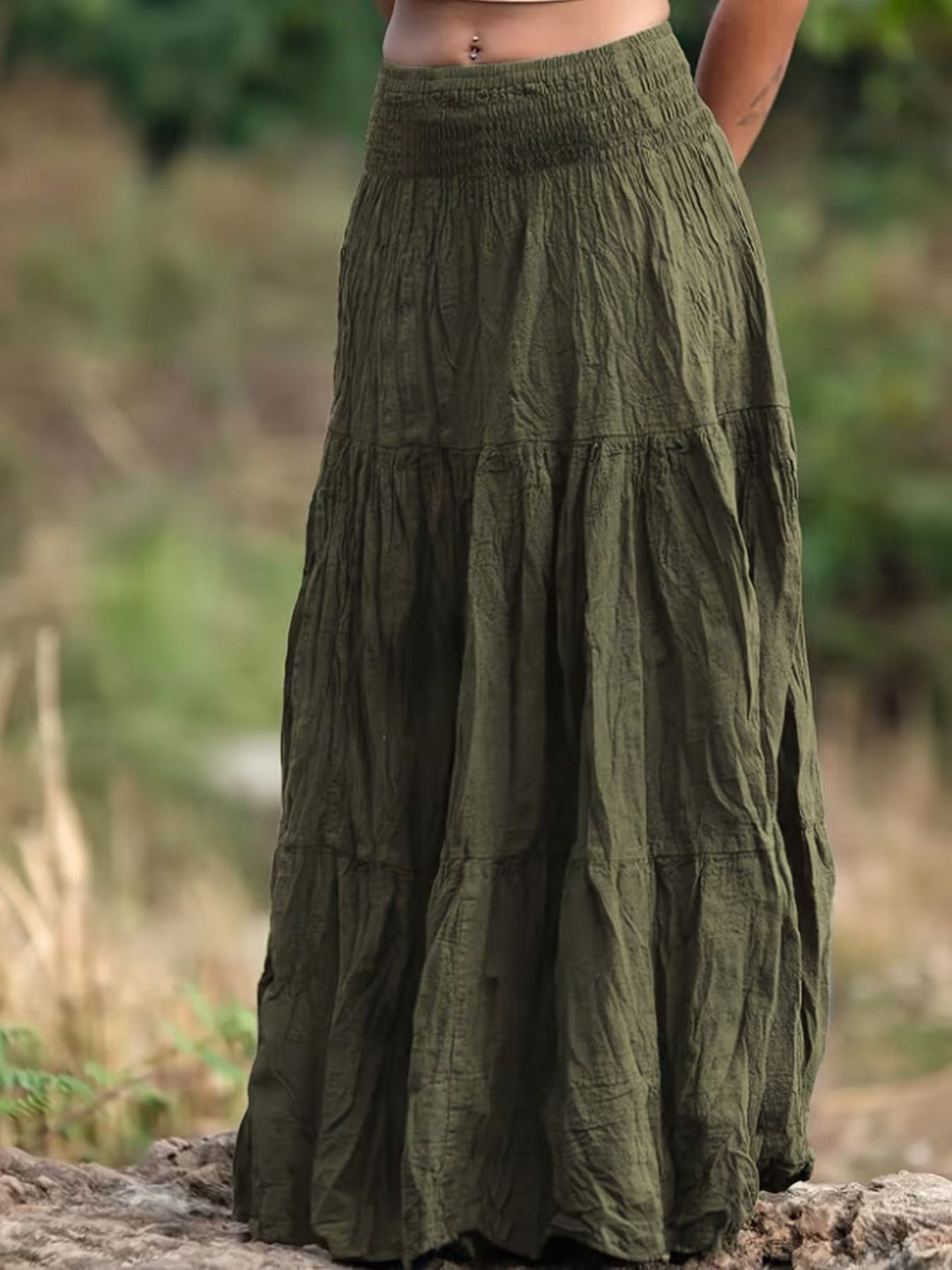 Tiered boho maxi skirt with smocked waistband