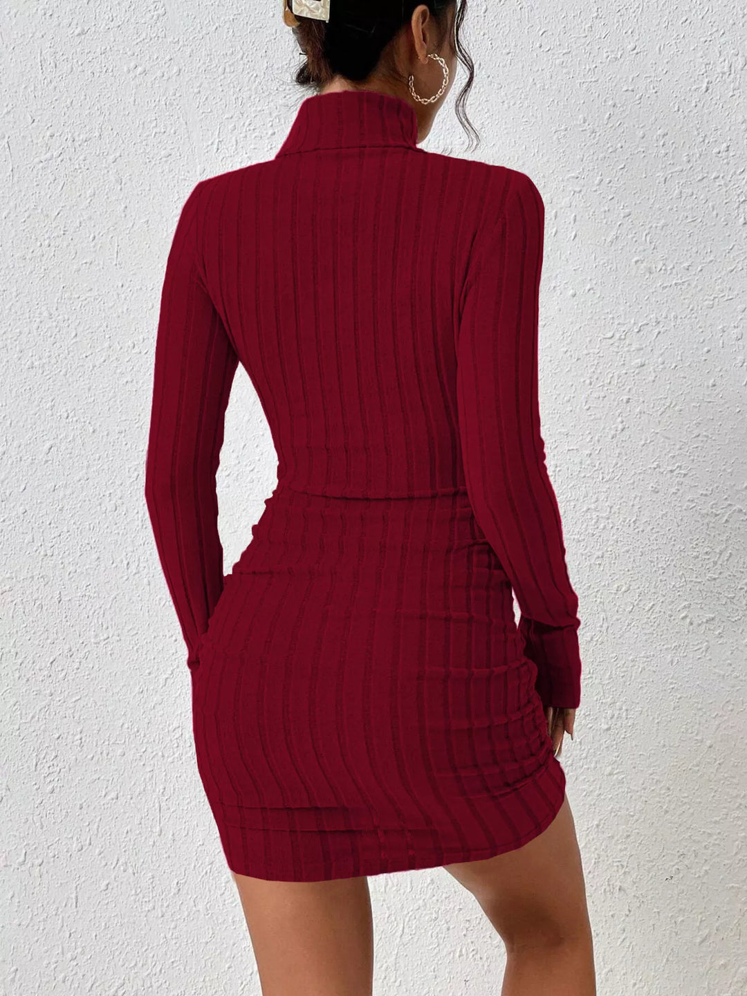 Ribbed knit turtleneck bodycon mini dress with thumbhole sleeves