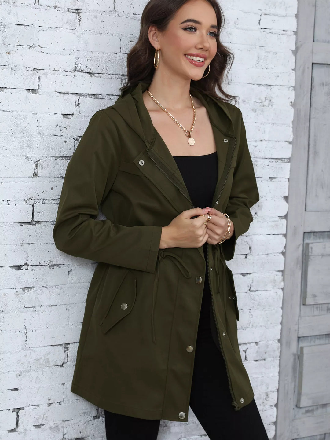 Hooded drawstring waist utility anorak jacket