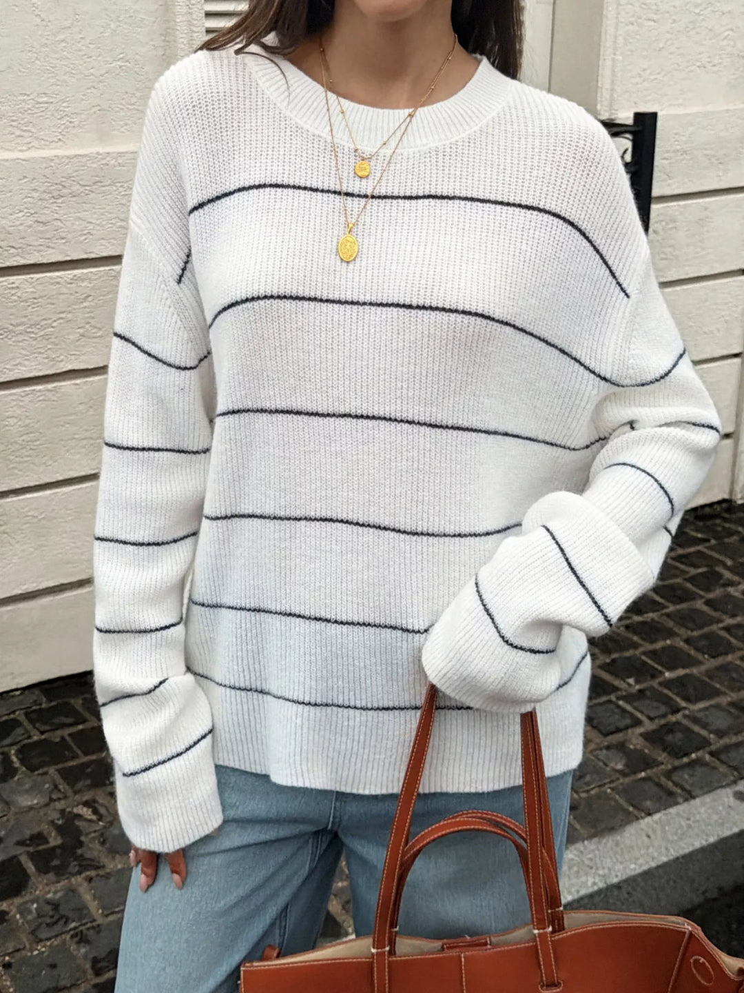 Striped drop-shoulder crew neck knit sweater