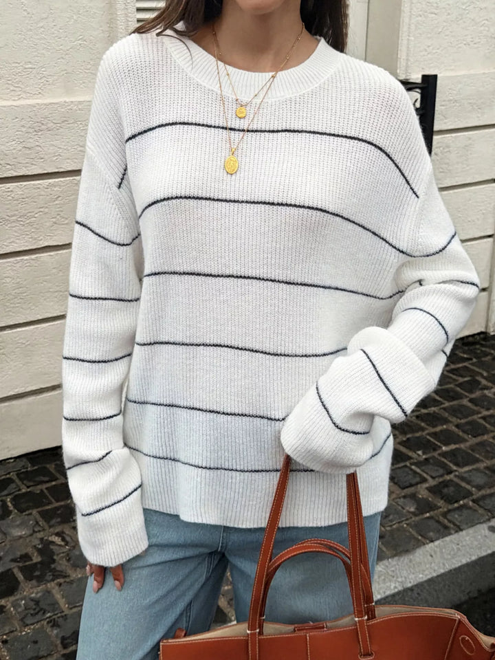Striped drop-shoulder crew neck knit sweater