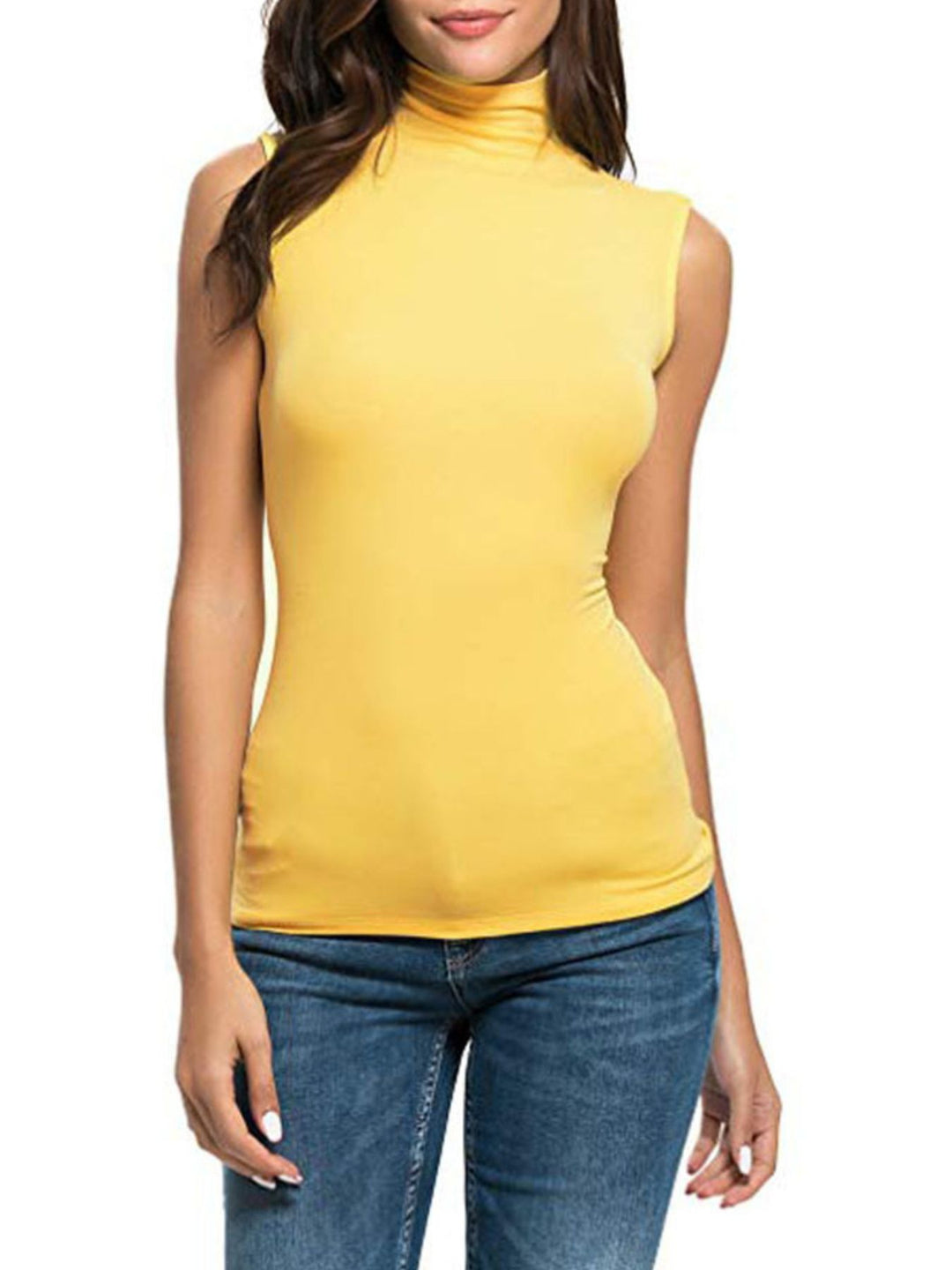 Yellow Sleeveless turtleneck slim-fit knit top