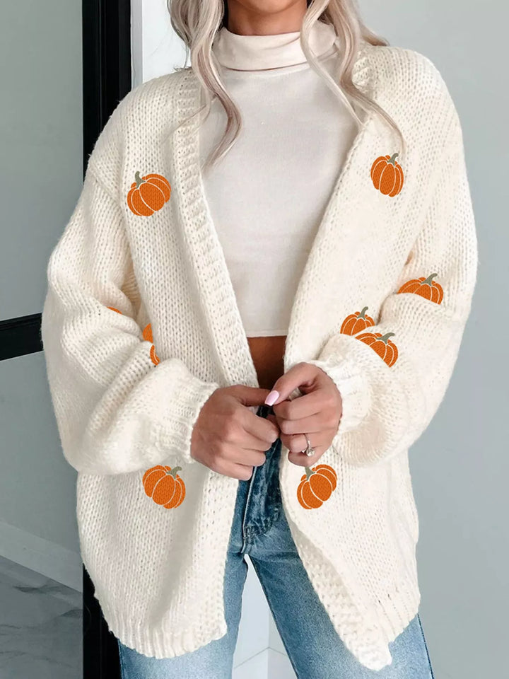 Pumpkin embroidered open-front chunky knit cardigan