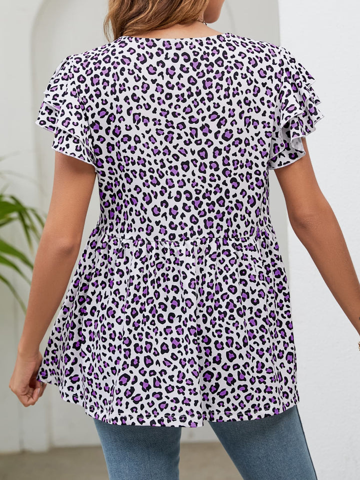 Leopard flutter sleeve babydoll blouse with round neck