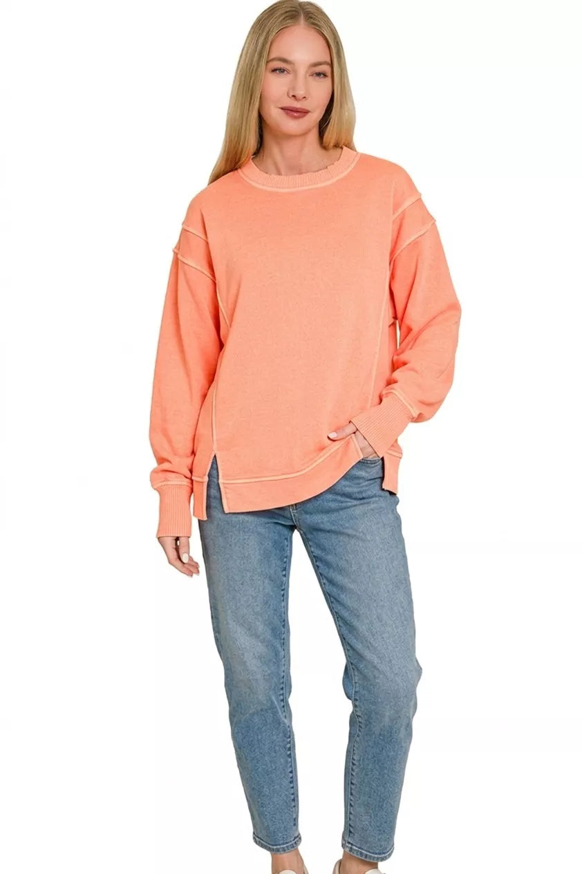 Pigment-washed exposed-seam fleece crew neck sweatshirt