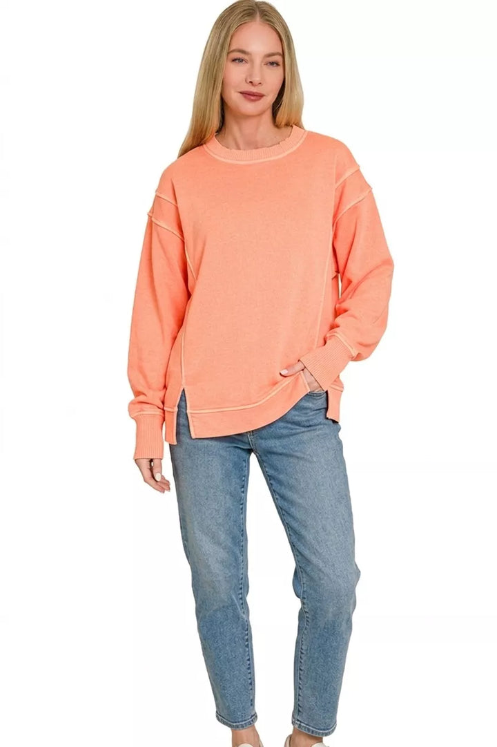Pigment-washed exposed-seam fleece crew neck sweatshirt