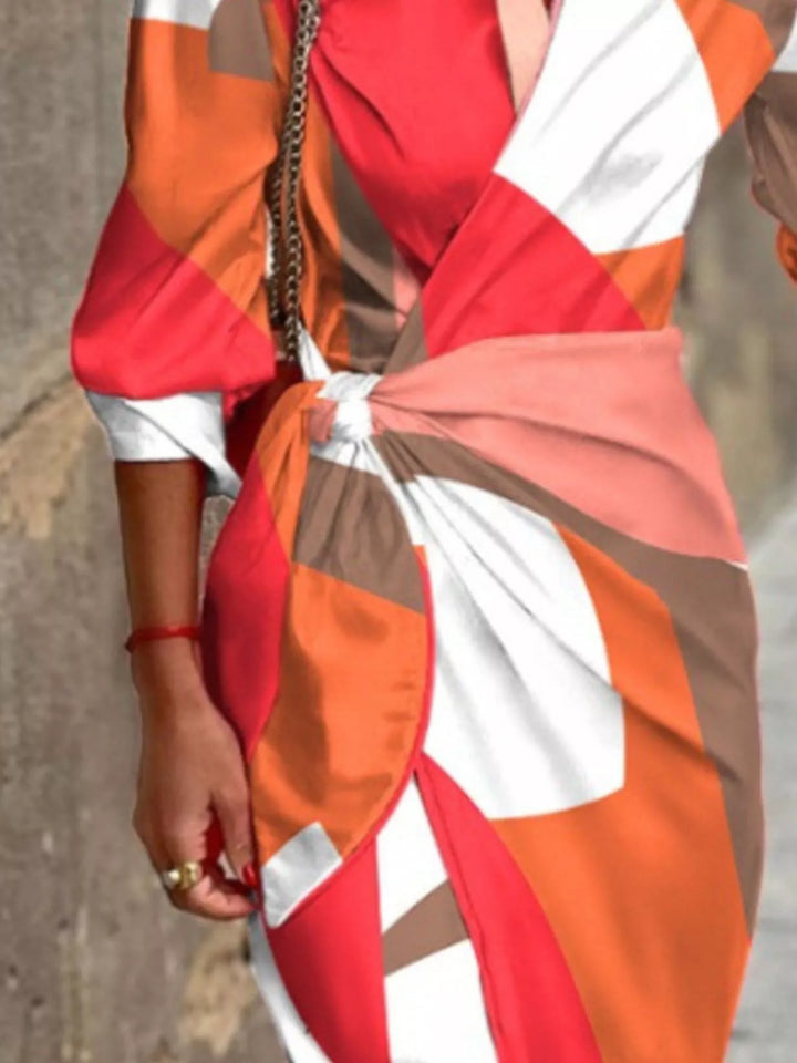 Abstract print collared shirt dress with tie waist