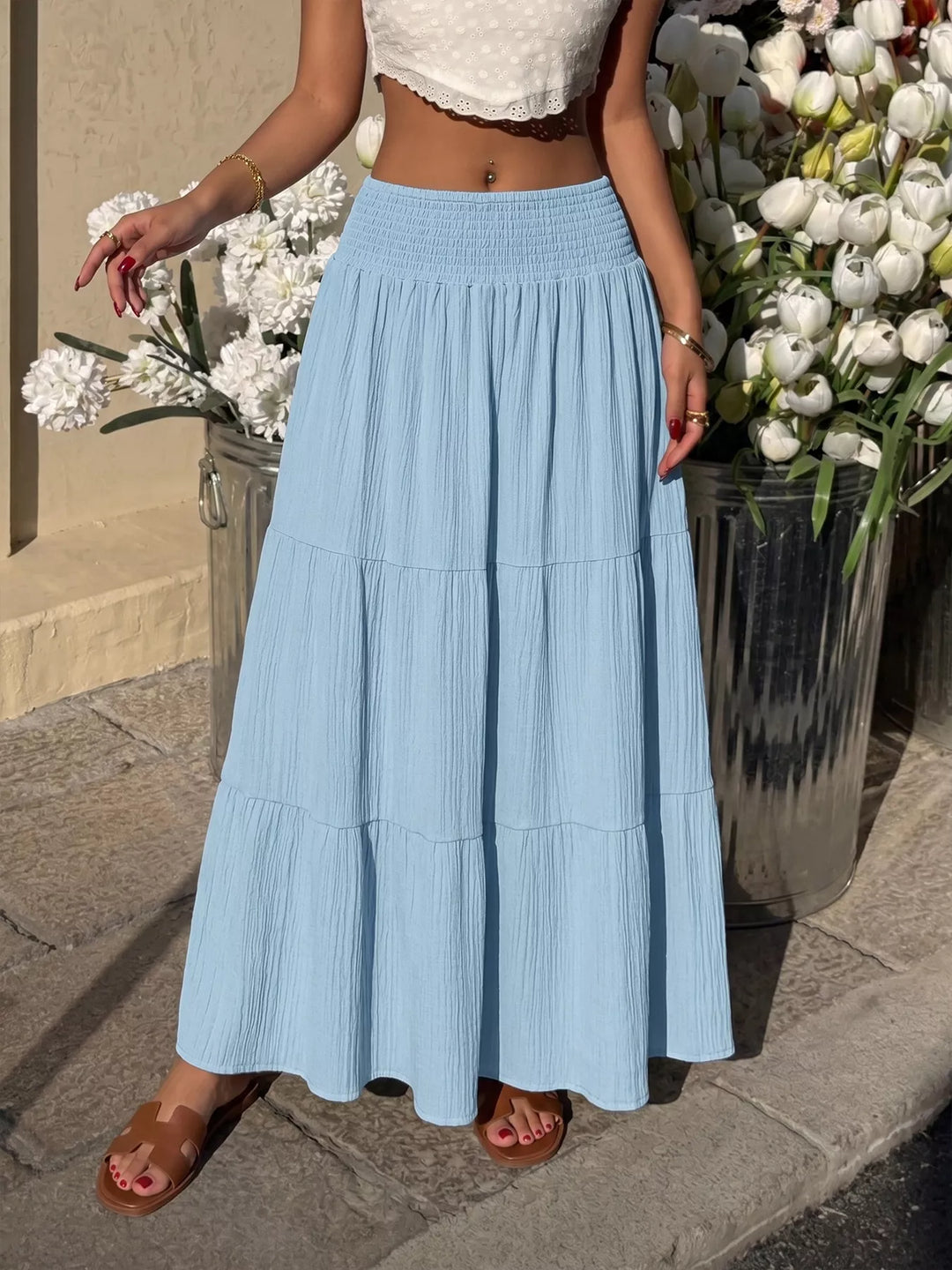 Tiered crinkle maxi skirt with smocked waist