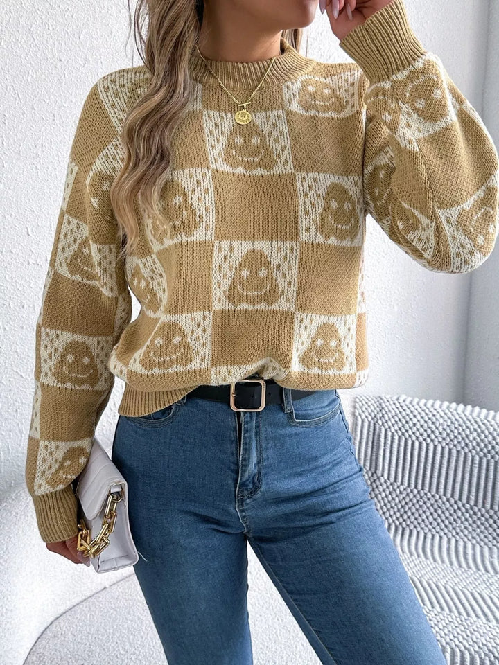 Khaki Checkered ghost print crew neck sweater with ribbed cuffs