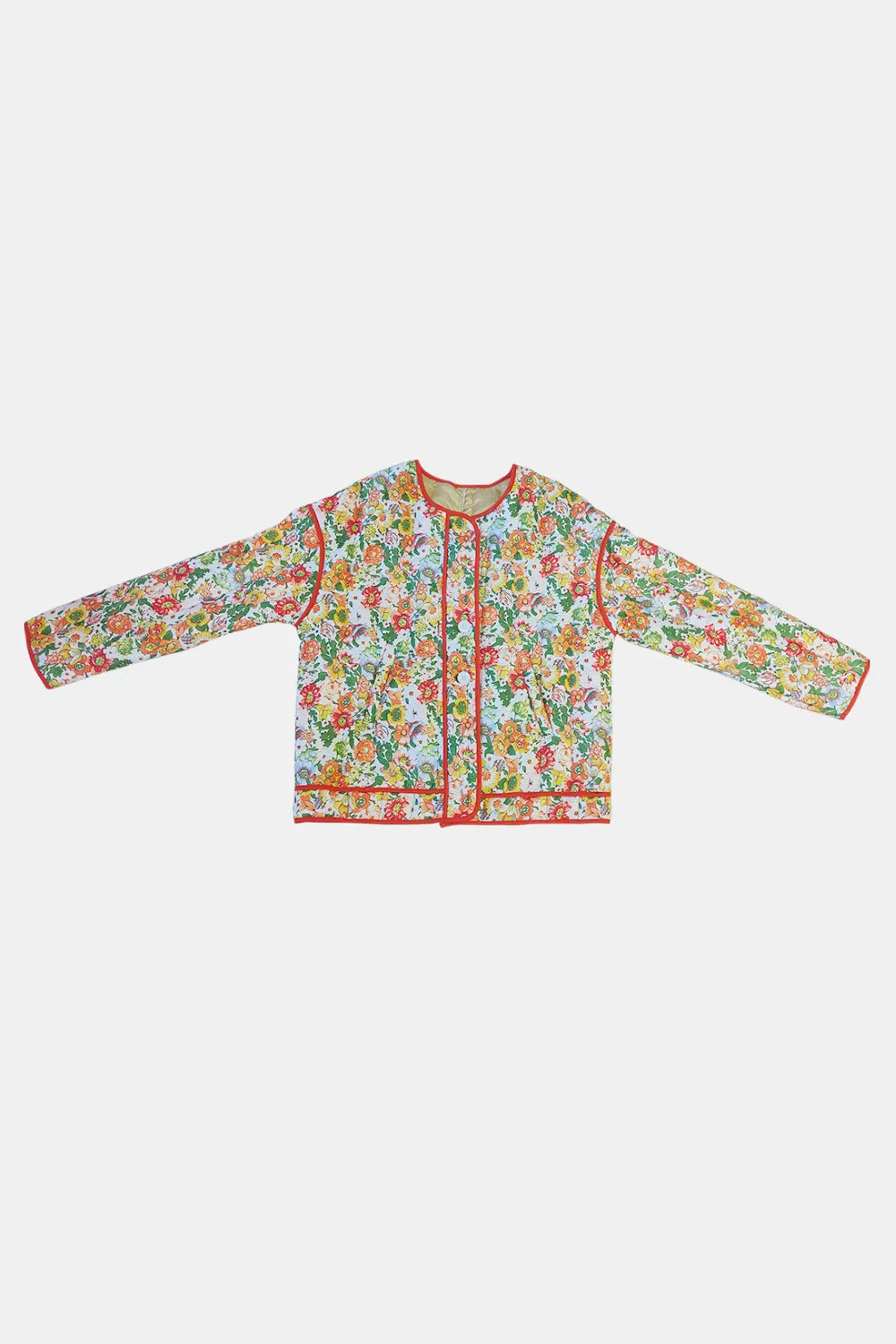 Quilted floral jacket with contrast piped trim and round neck