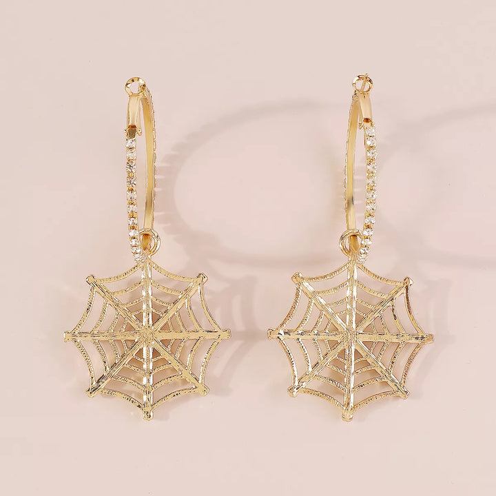 Rhinestone spider web dangle hoop earrings