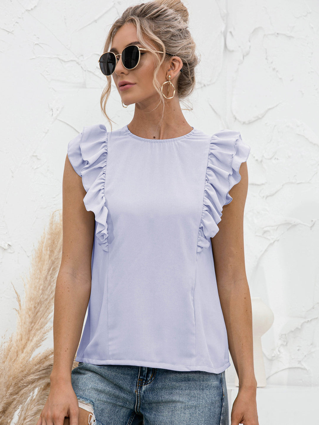 Ruffle flutter sleeve top with tied open back