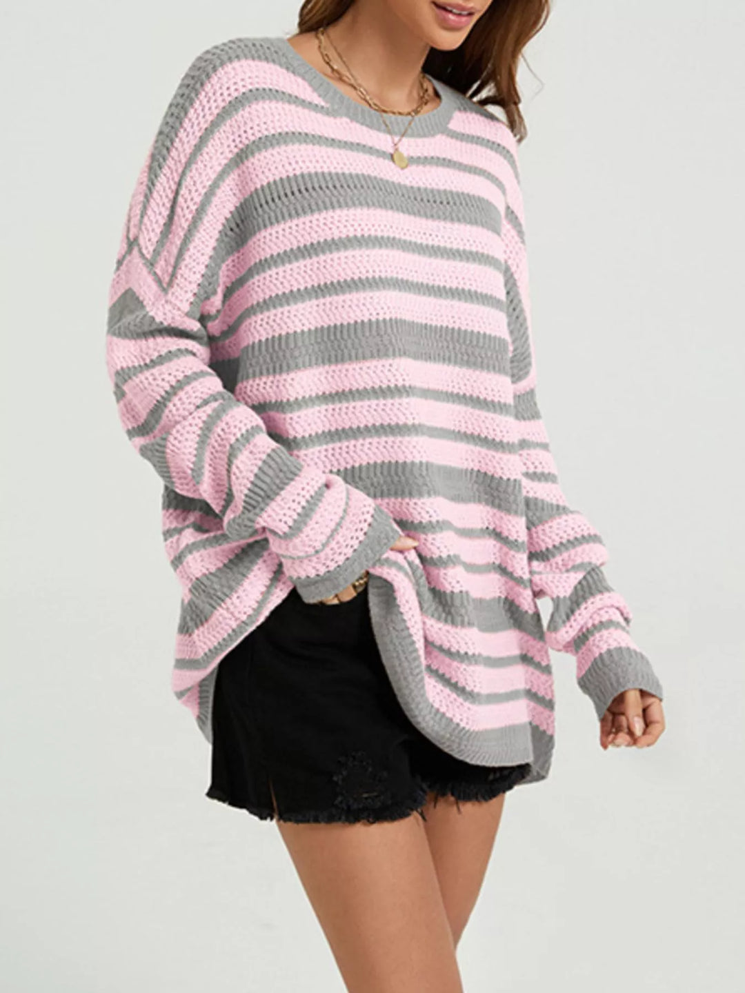 Striped open-knit drop shoulder oversized sweater