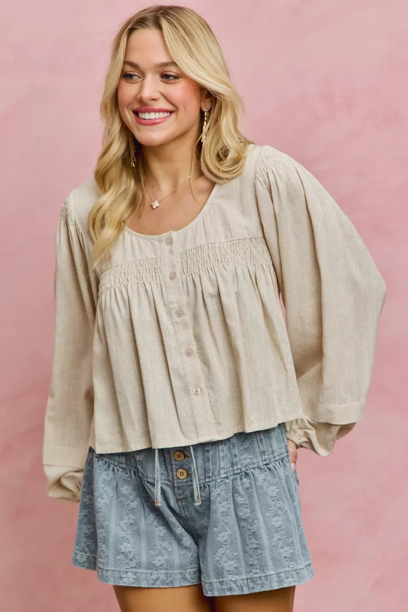 Smocked button-front puff sleeve linen blend top