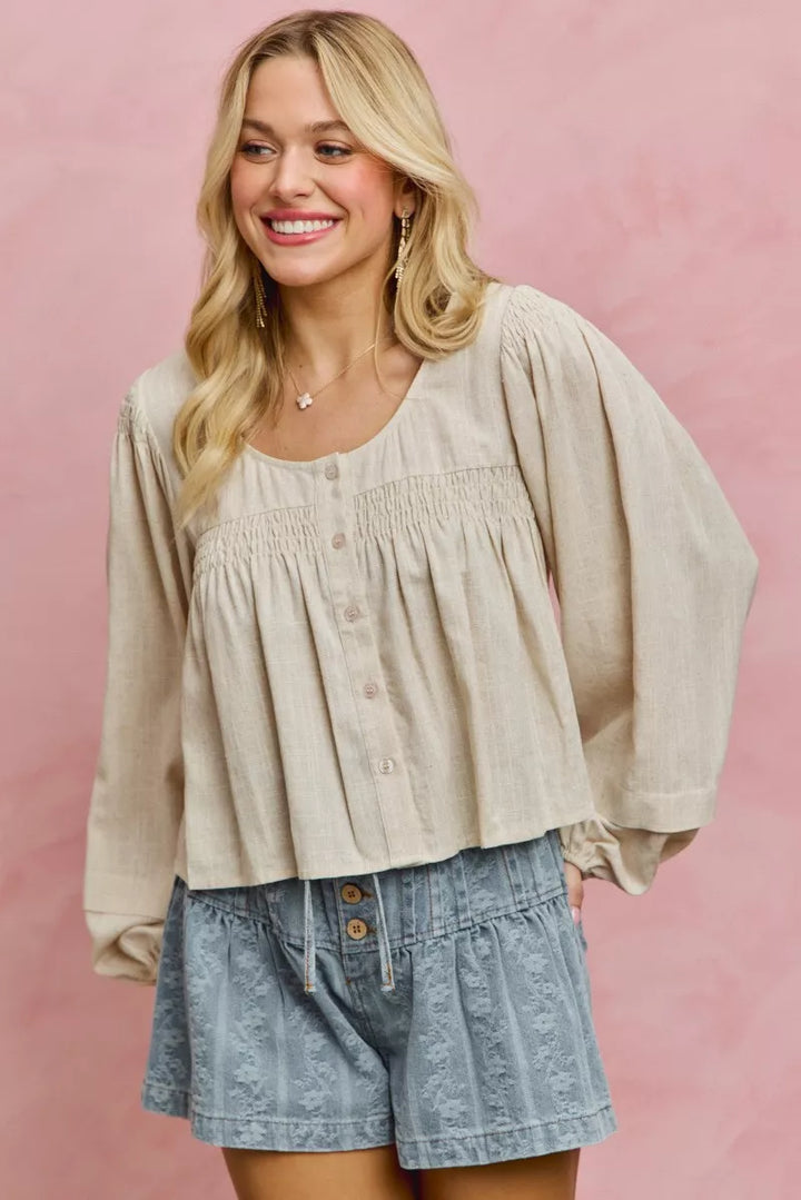 Smocked button-front puff sleeve linen blend top