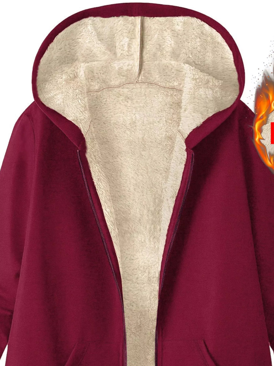 Sherpa-lined hooded zip longline jacket with pockets