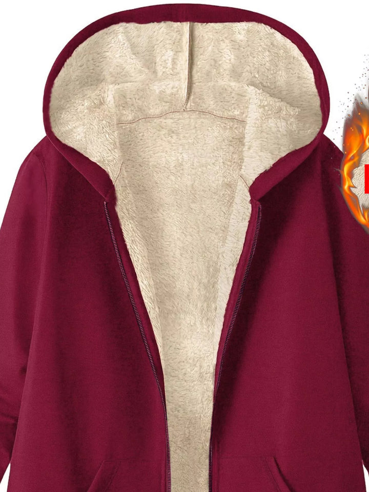 Sherpa-lined hooded zip longline jacket with pockets