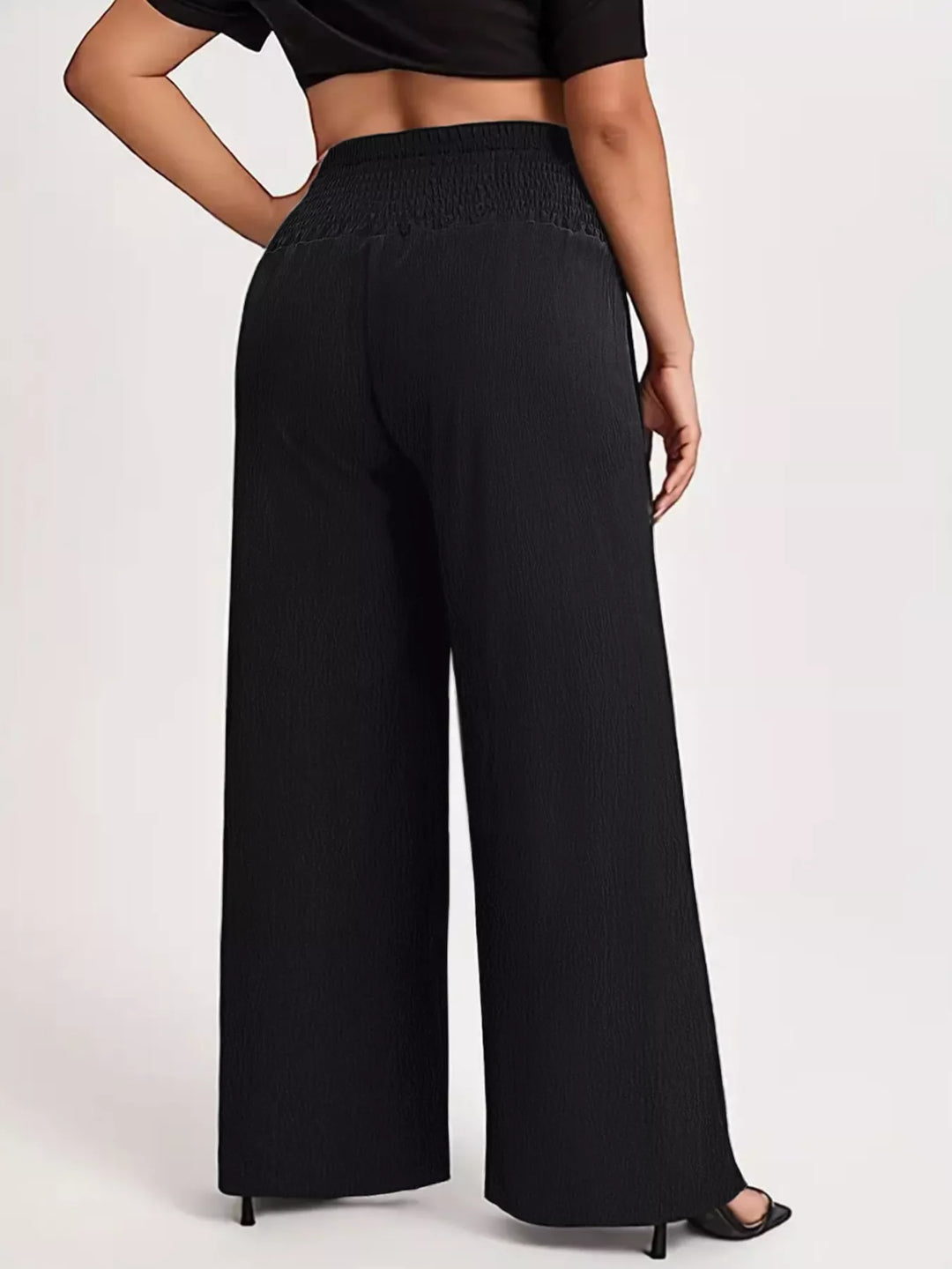 Plus-size high-waist smocked wide-leg pants