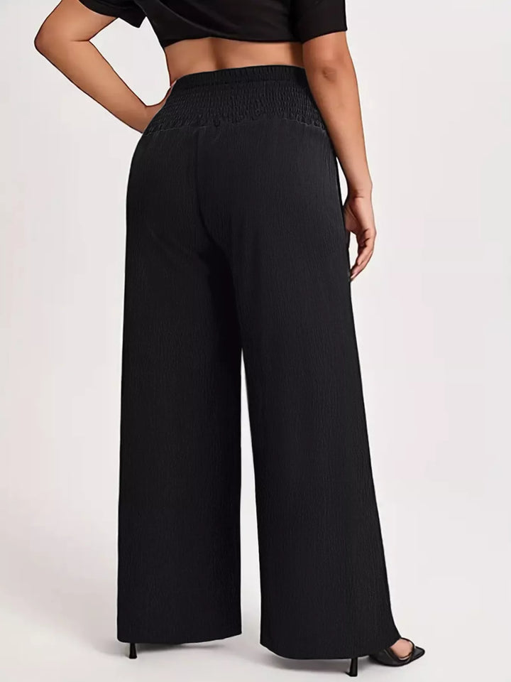 Plus-size high-waist smocked wide-leg pants