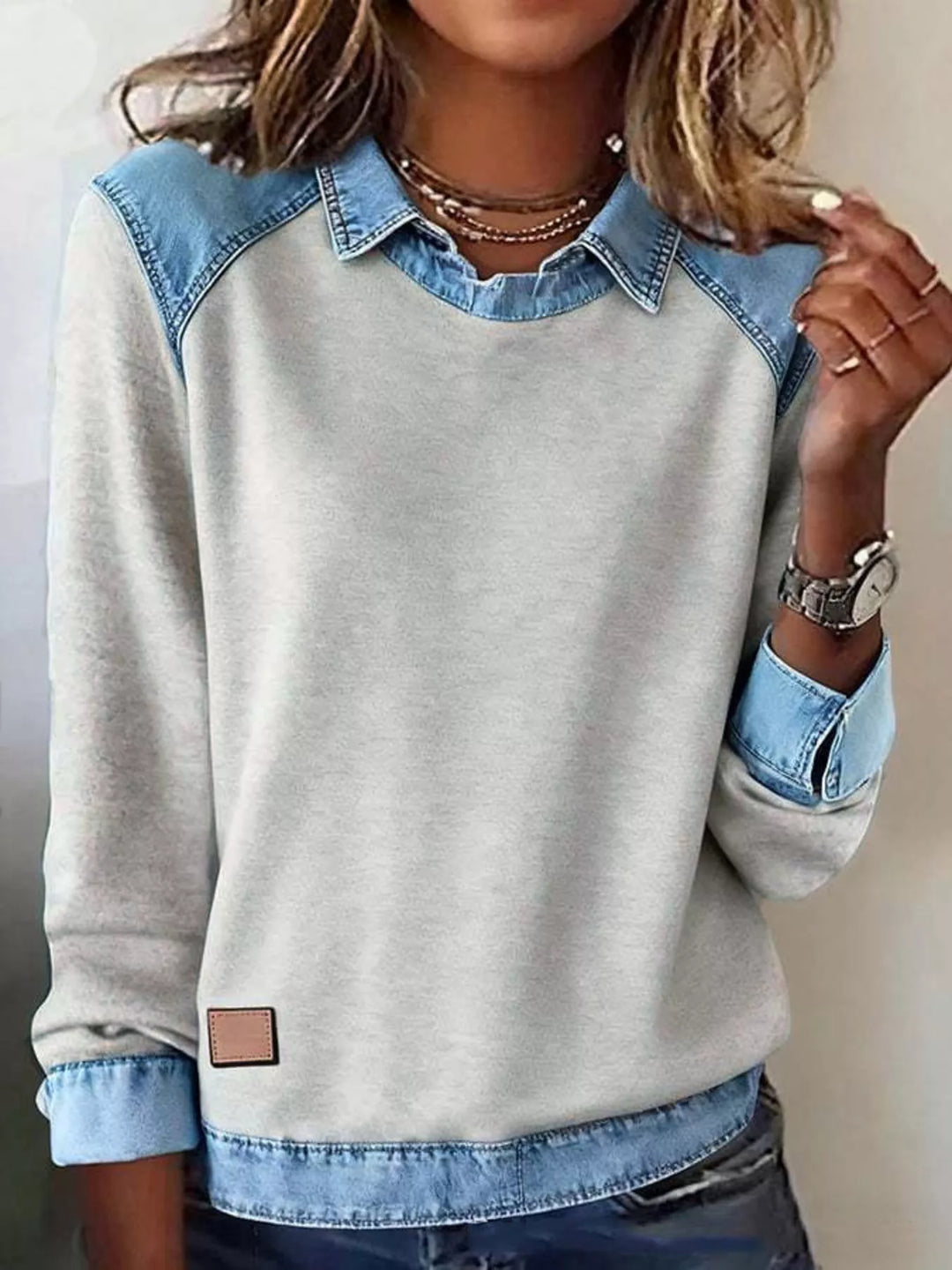 Apricot Gray Denim-trim long sleeve crew neck pullover top